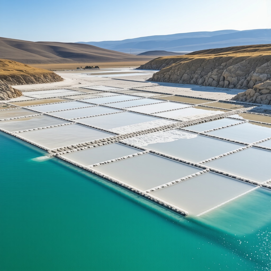 Aerial view of Pag Island's salt pans with clear waters and rocky terrain under sunny sky