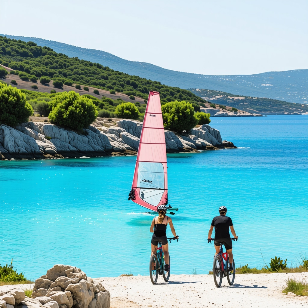 Wind surfers on turquoise sea and cyclists on coastal trails at Pag Island highlighting sustainable tourism