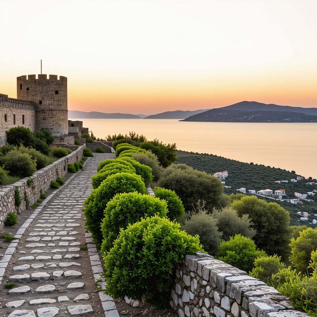 Sunset panoramic view of Palamidi Castle with Egean Sea and Mediterranean vegetation along Nafplio walking paths