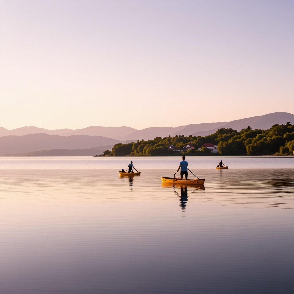 Pamvotida Lake sunrise panorama featuring electric mountain bikers, eco-friendly kayakers, and historic island structures
