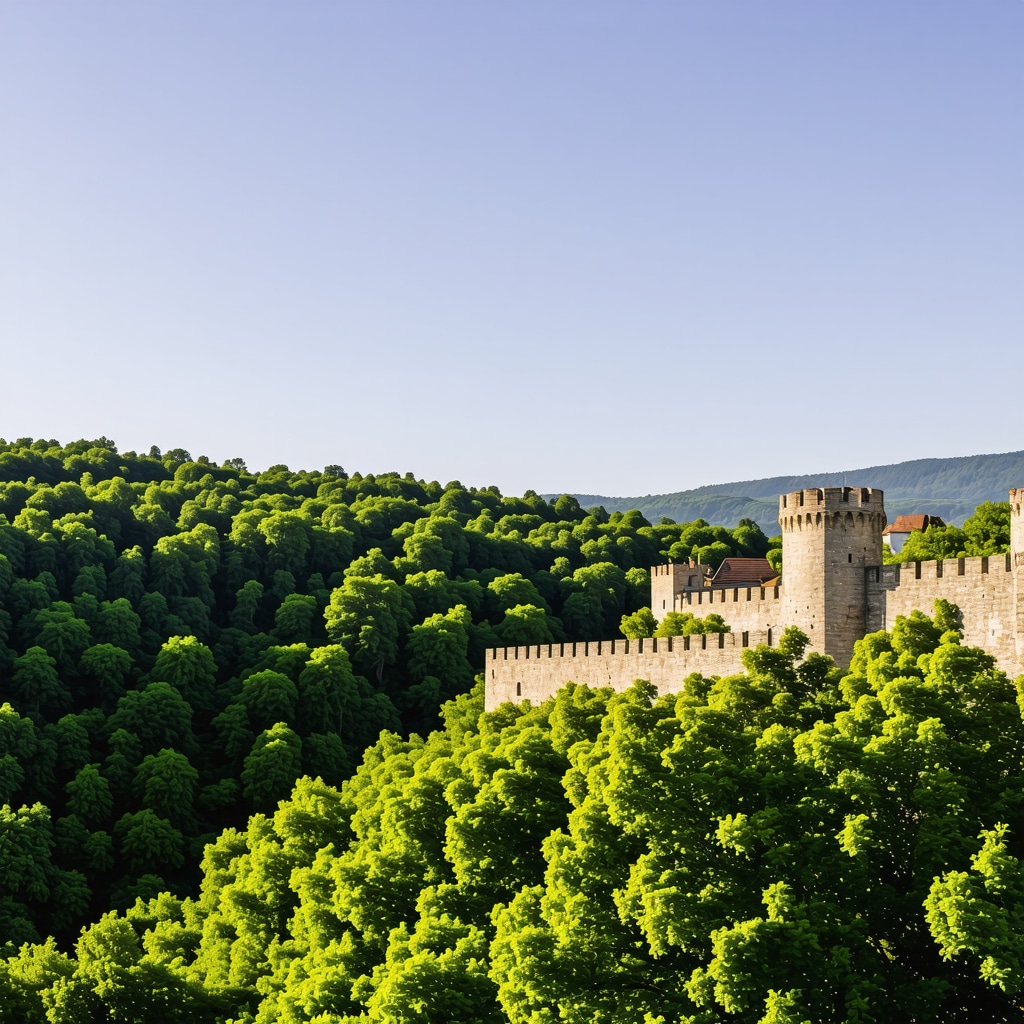 View of Celje Castle with surrounding green forests and castle walls under blue sky