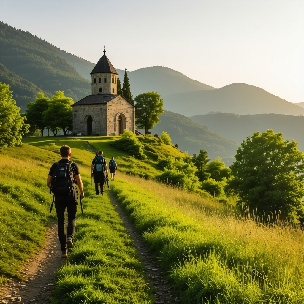 Hikers walking on trail in Lovćen National Park with mountain and mausoleum in background at sunset