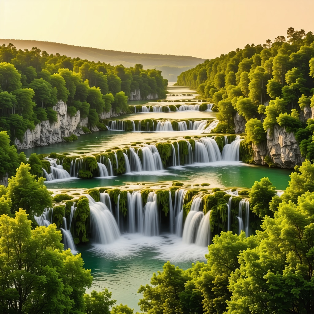 Panoramic scene of Plitvička Lakes National Park with lakes, waterfalls, and forests under sunset light