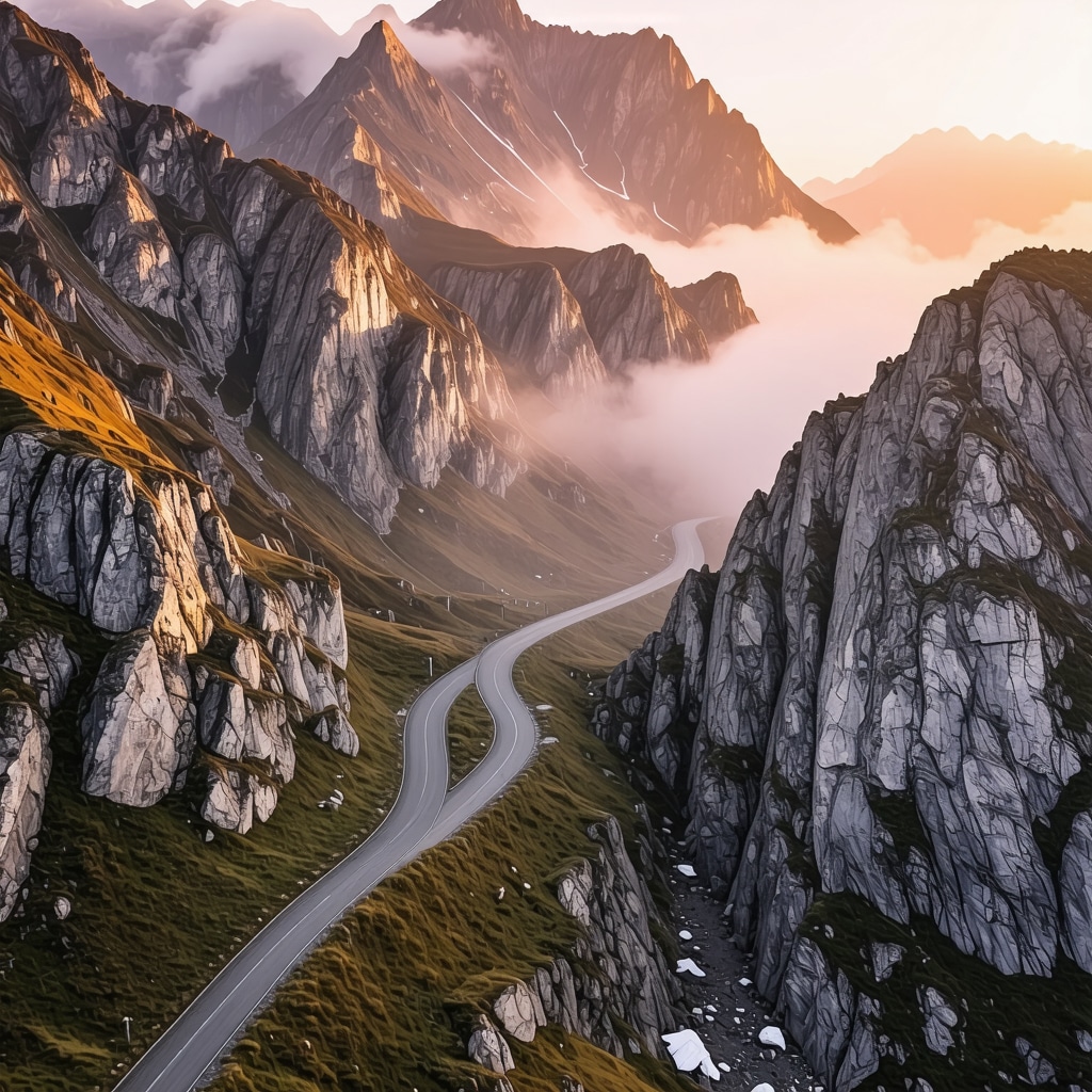 Aerial panoramic view of the winding Transfagarasan road through Fagaras Mountains during sunrise with colorful autumn foliage and mist