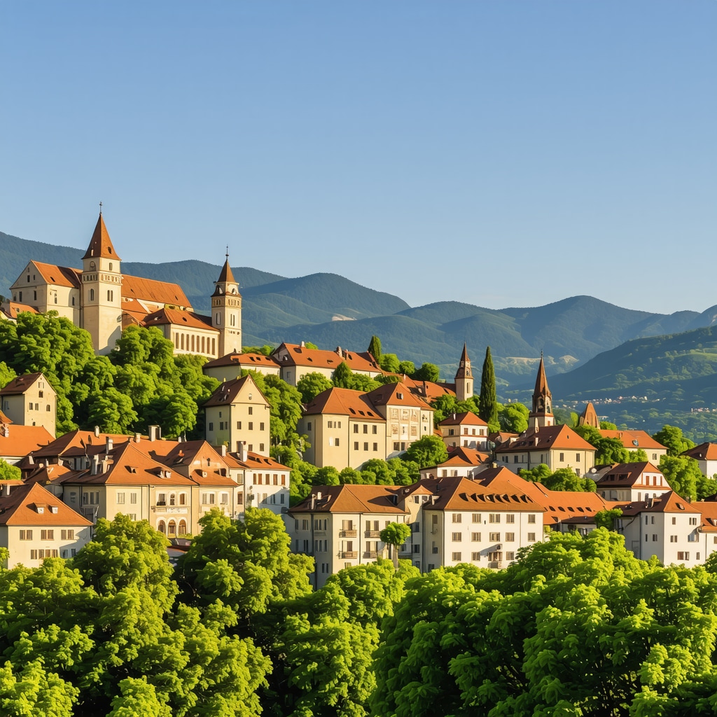 Braşov's medieval old town colorful buildings with Carpathian Mountains and lush forests in the background