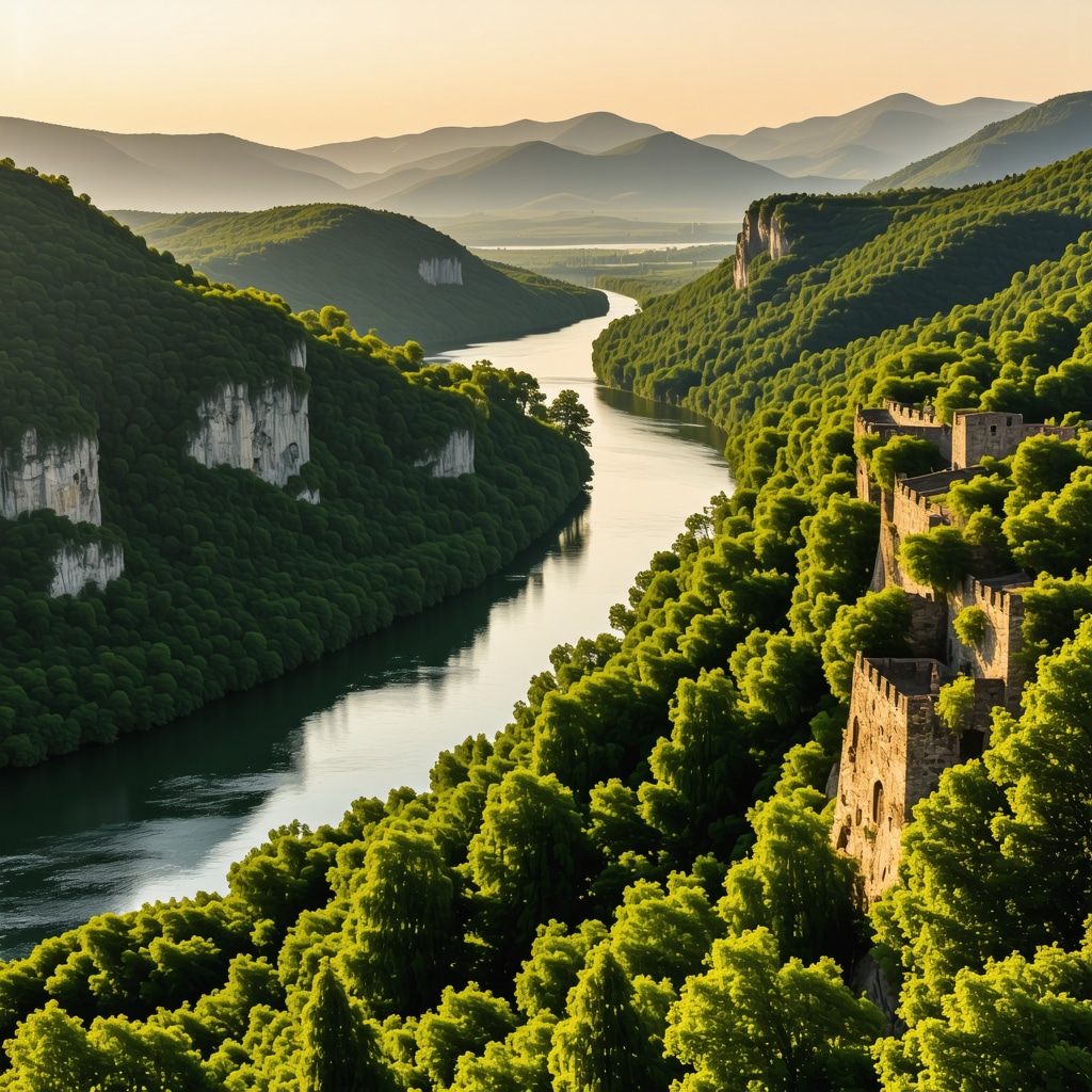 Panoramic image of Đerdap Gorge featuring dense forests, Danube River winding through the canyon, and historic Golubac Fortress illuminated by sunset light