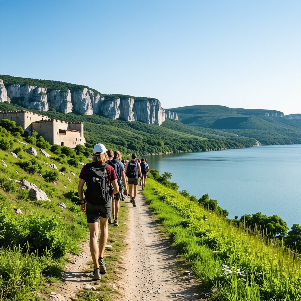 Hikers on a trail overlooking Đerdap Gorge, Danube River, and Golubac Fortress