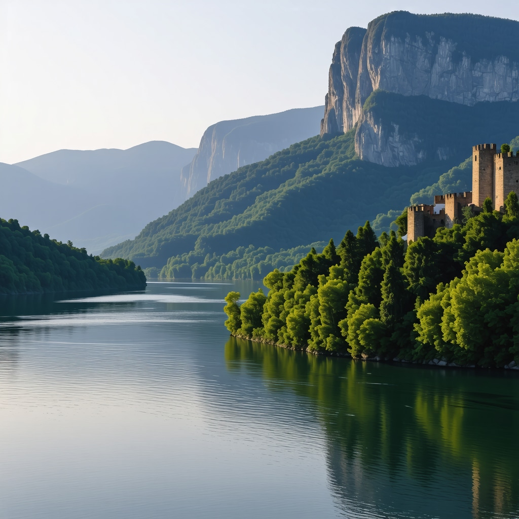 Lush green Đerdap National Park with Danube River and historic Golubac Fortress under soft dawn light