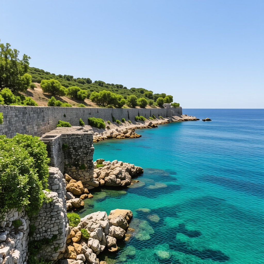 Dıraç coastline showing historic stone walls, turquoise sea, and olive trees