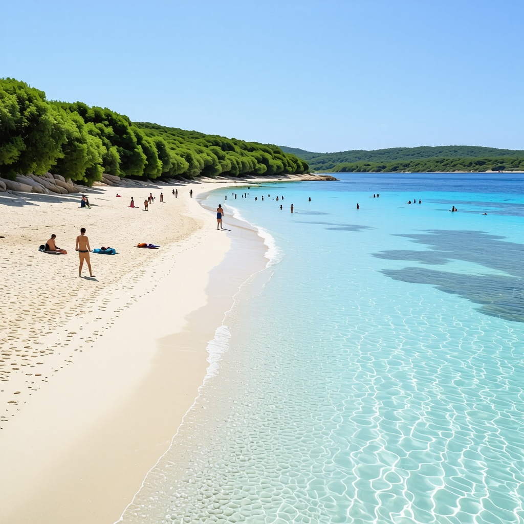 Konstansa beach with clear blue waters, tourists, and green nature surroundings