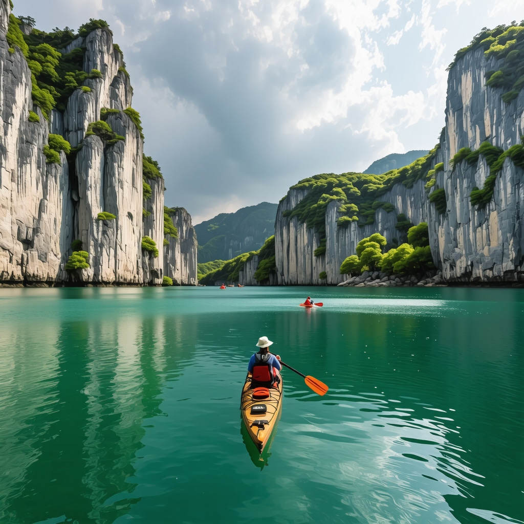 Matka Canyon panoramic with kayakers on turquoise water and limestone cliffs
