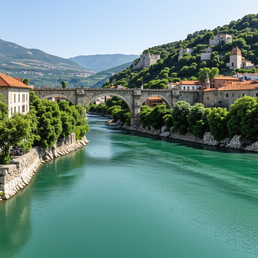 Mostar old town panorama featuring Stari Most bridge over Neretva river with surrounding greenery and historical stone buildings
