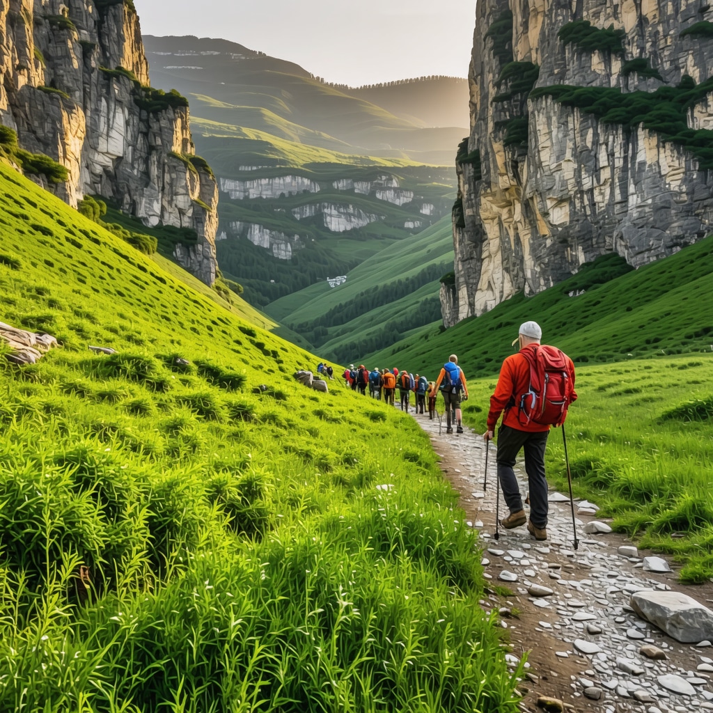 Hikers and climbers exploring Rugova Canyon's vibrant greenery and rocky cliffs during golden hour