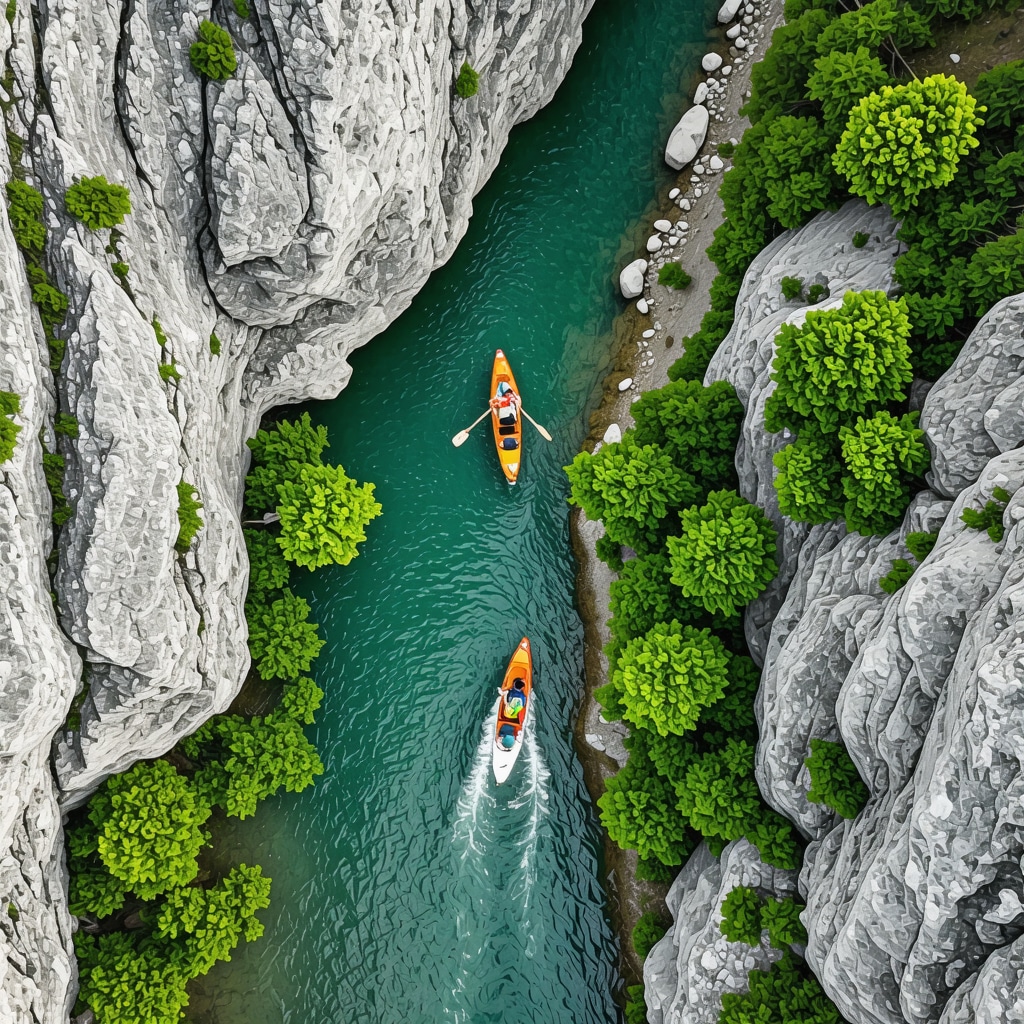 Aerial view of Rugova Canyon with hikers on trails and canoeing in the river, illustrating sustainable tourism and natural beauty