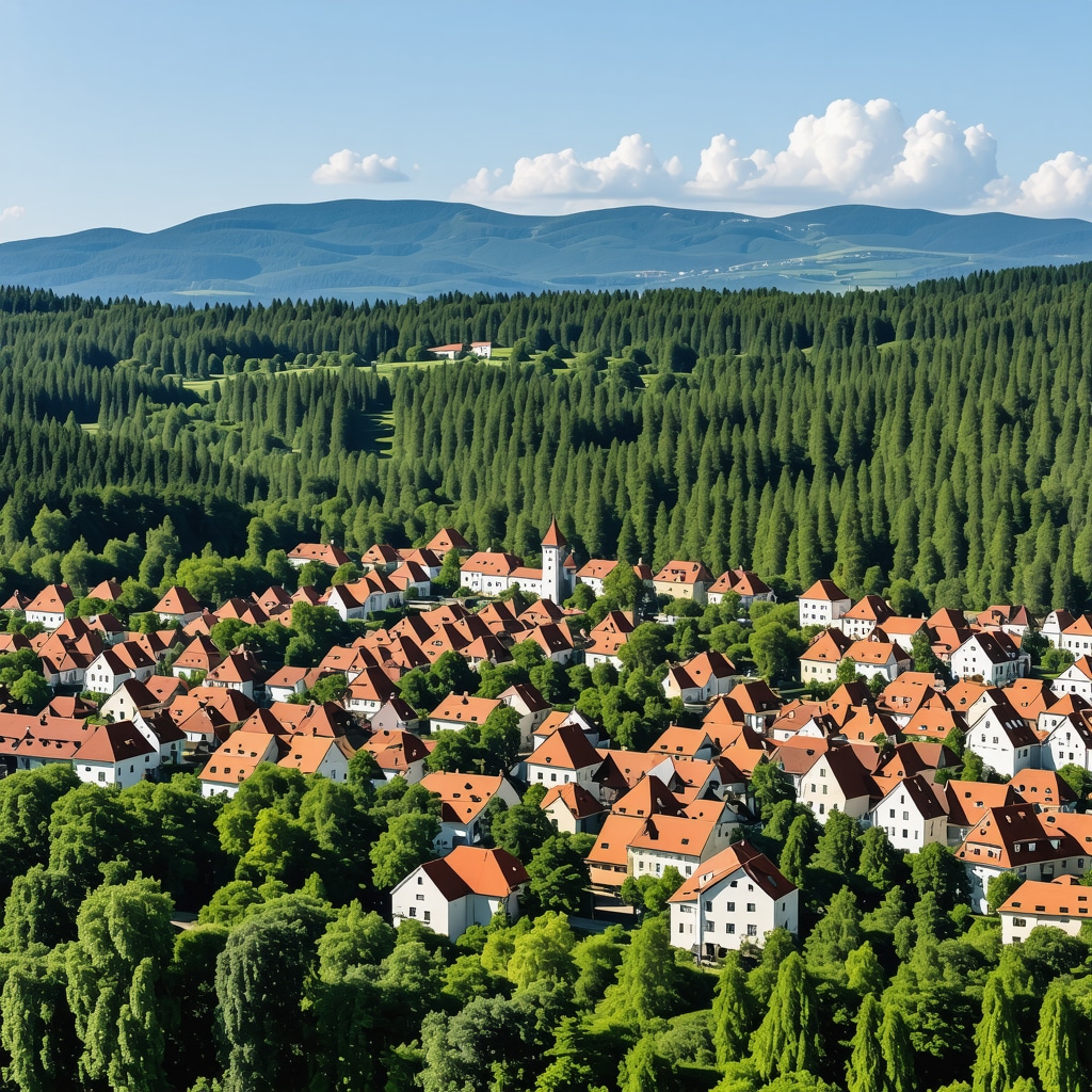Sibiu historic buildings with green forests and mountains in the background