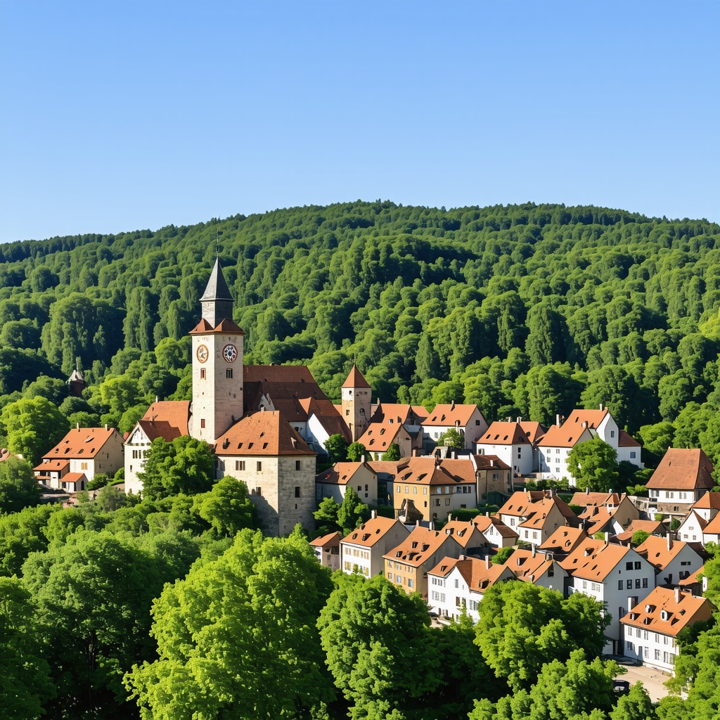 Medieval clock tower and colorful houses of Sighișoara surrounded by green forests