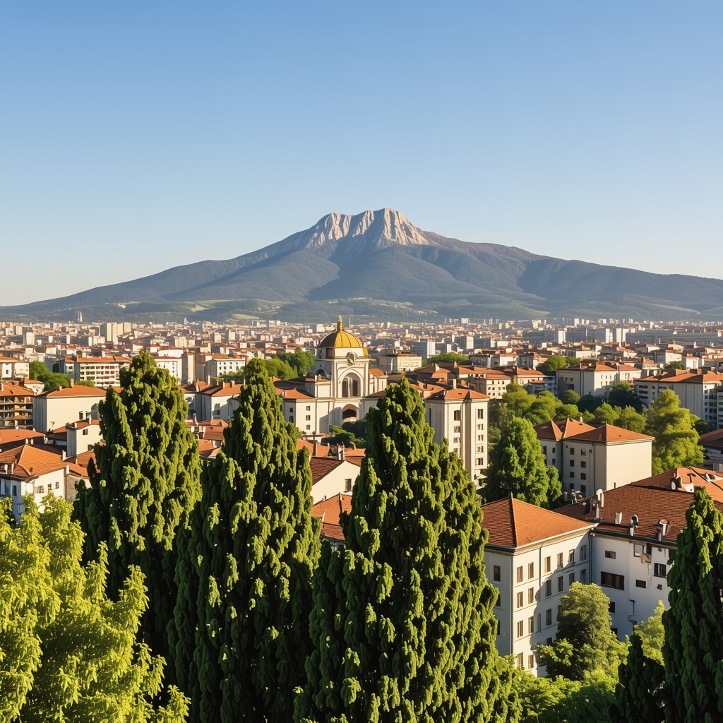 Sofia cityscape showing historic architecture and Vitosha Mountain's greenery