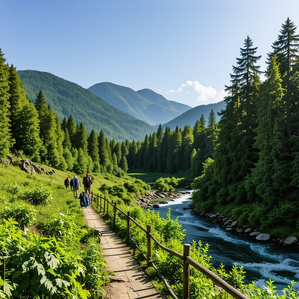 Hikers crossing a wooden bridge over a winding river in lush green Tara National Park