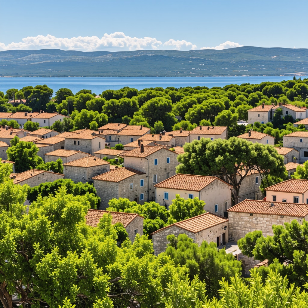 Trogir historic old town with stone architecture and Mediterranean pine trees by the Adriatic Sea