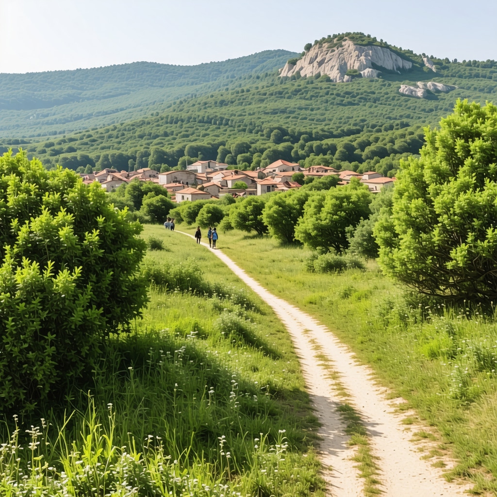 Panoramic landscape of Uludağ National Park featuring diverse plants, Ottoman village, and tourists on eco trails