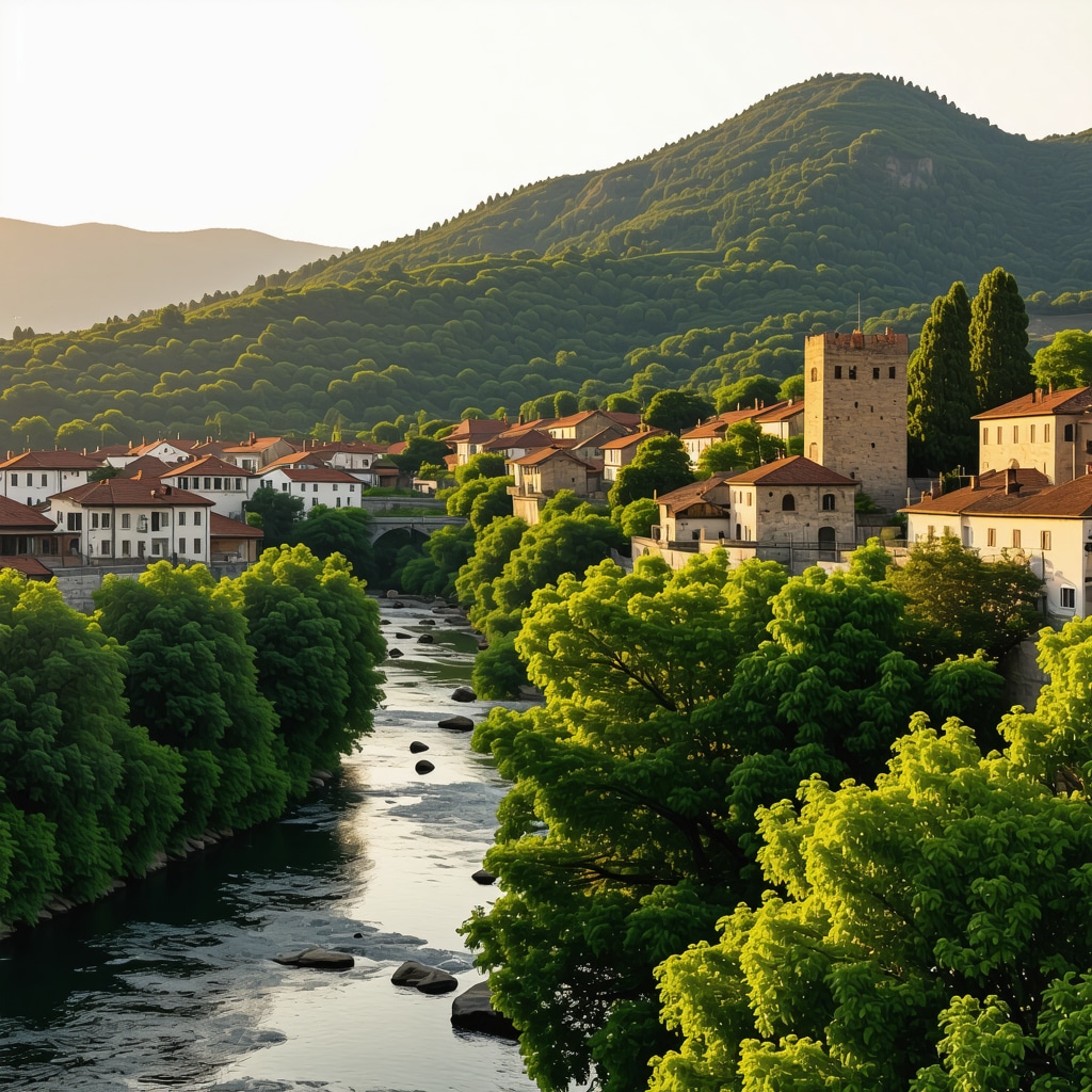 Veliko Tarnovo cityscape with medieval fortress, Yantra River, and Arap Baba Mountain