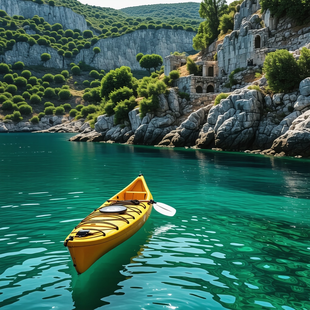 Kayak on crystal-clear water near ancient ruins in a hidden cove in Patras