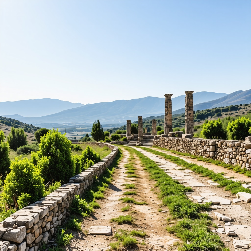 Panoramic view of Patras hiking trails with ancient ruins and natural scenery