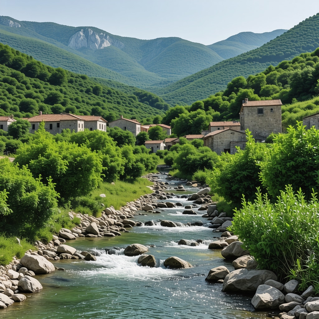 Scenic Patras village with green hills, ancient stone houses, and a clear river