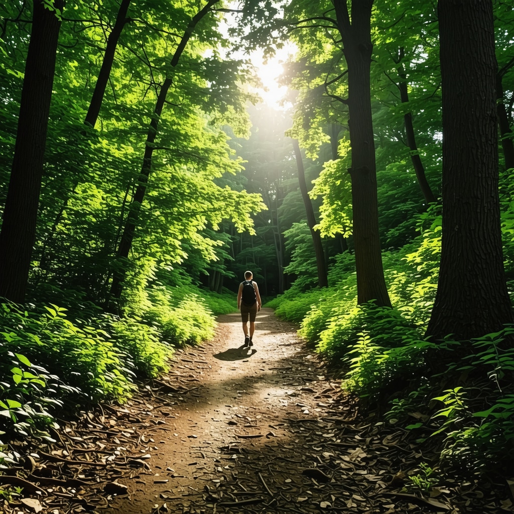 A hiker walking on a sunlit forest trail surrounded by lush green trees in Tetova