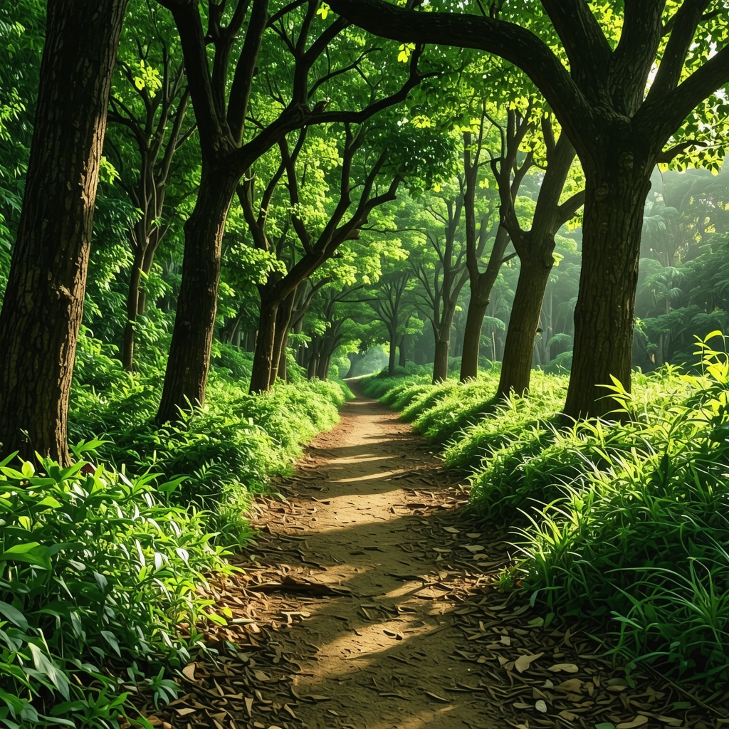 Nature trail in Tutin with green forest and sunlight filtering through trees