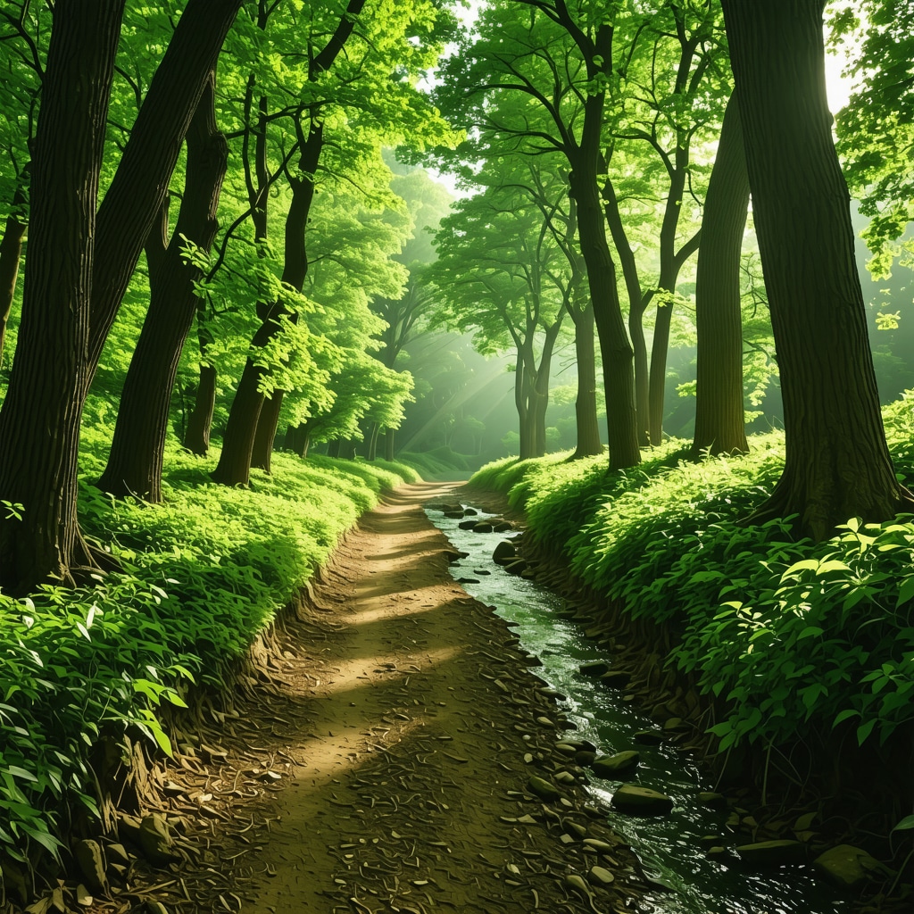 Hiking trail surrounded by dense green trees and a stream in Germia Park