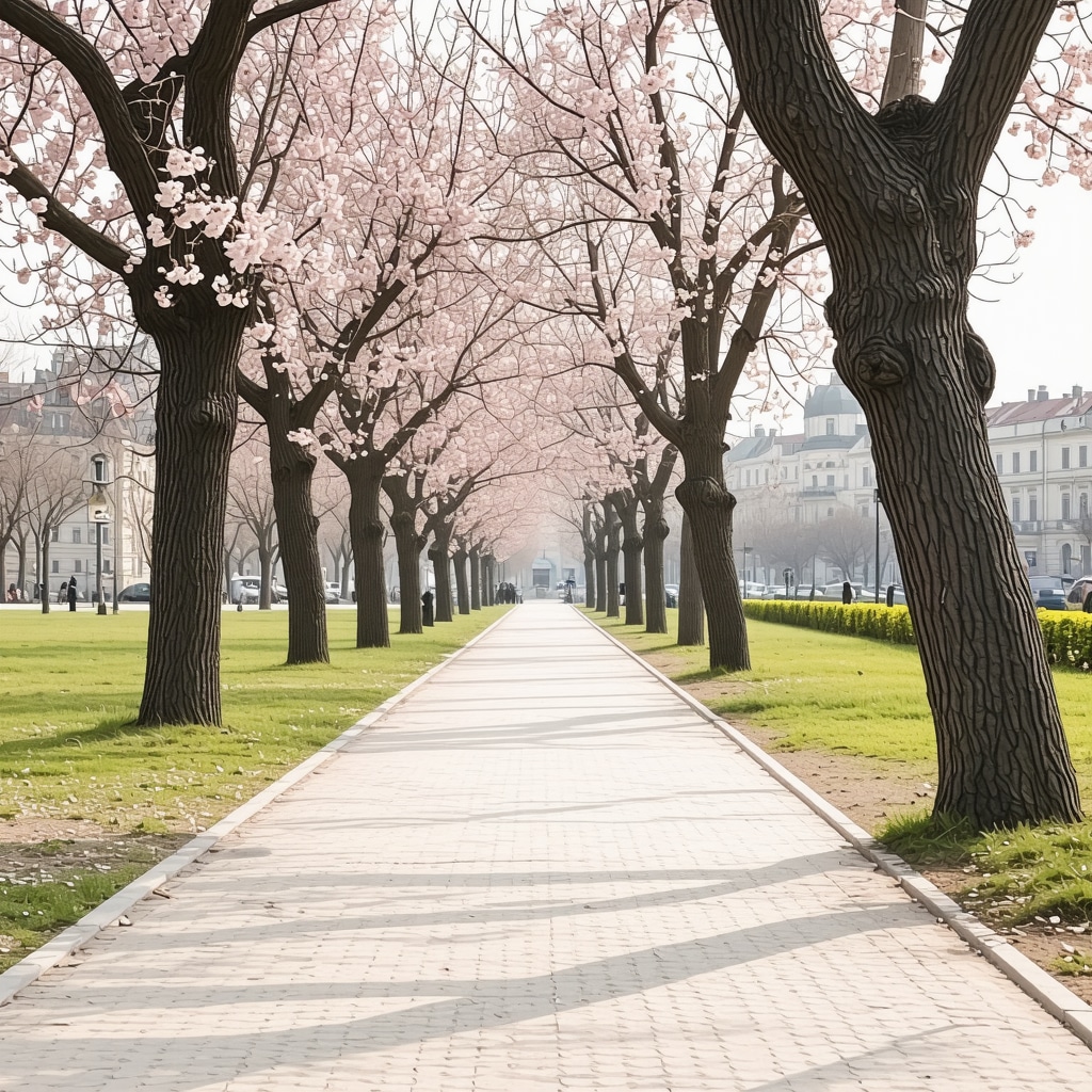 Walking trail in Copou Park, Iasi with flowering trees and historical architecture in soft light