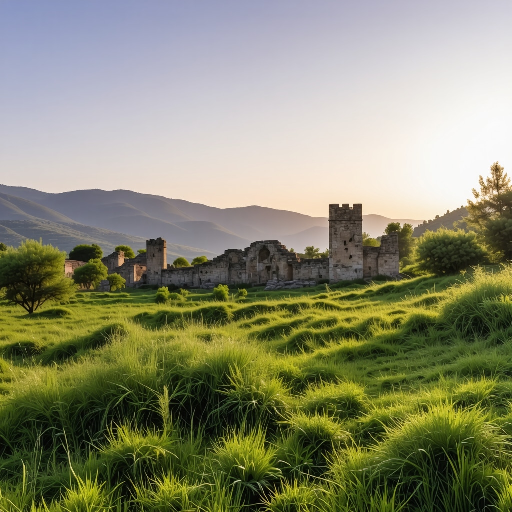 Golden hour view of Peja's nature and ancient ruins blending harmoniously