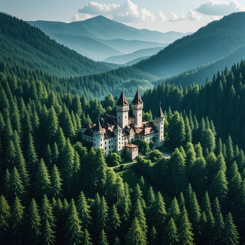 Drone aerial image of Peleş Castle with digital AI data overlays illustrating advanced preservation technologies