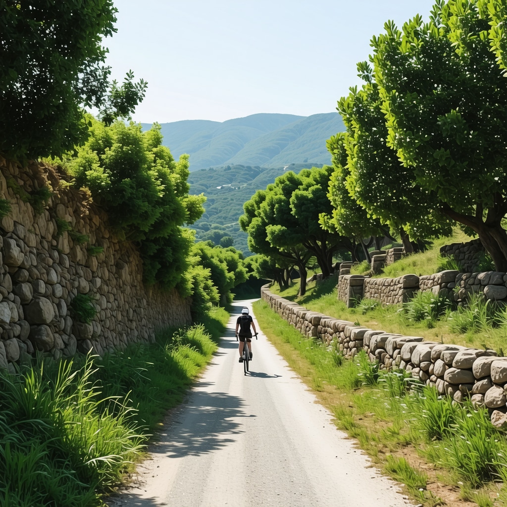 Pelion Dağı'nda yeşillikler arasında antik kalıntılar ve bisiklet süren kişi