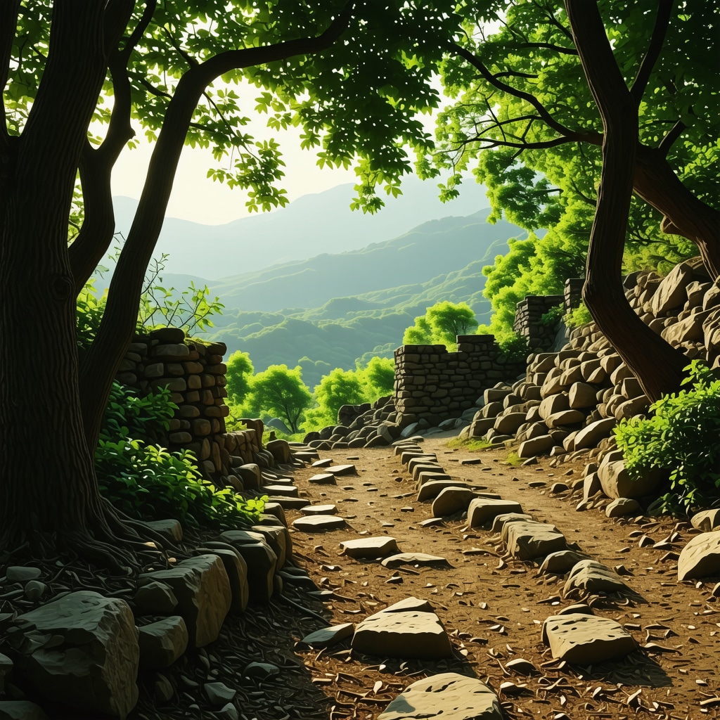 Hiking trail in Pelion Mountains near Volos featuring lush forest and ancient ruins in morning light