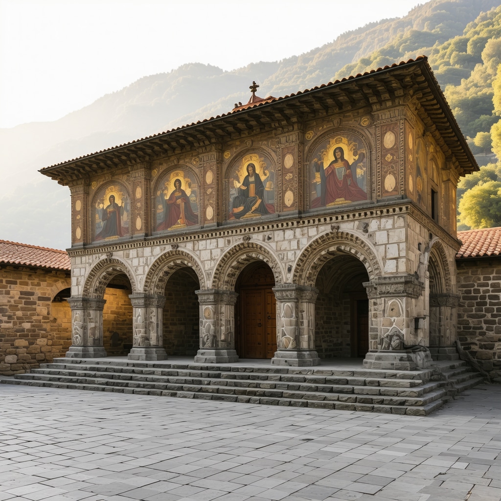 Photographer taking detailed photos of Rila Monastery's frescoes and stonework with Rila Mountains in background during warm sunset light