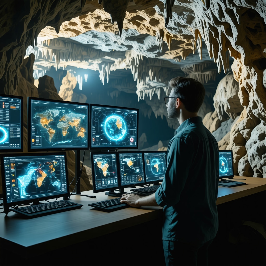 Digital control room with AI systems monitoring visitor flow and ecological data at Postojna Cave