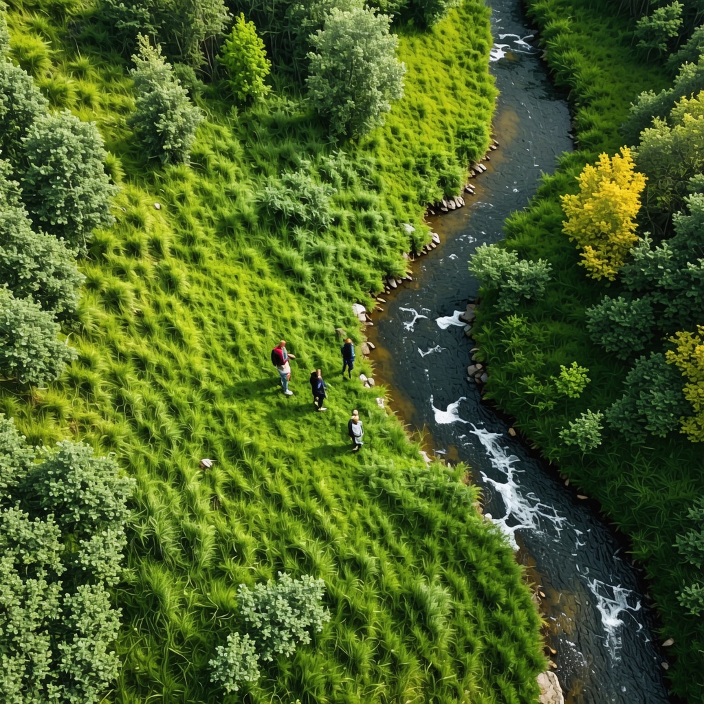 Aerial view of Priştine nature park with hikers, river and autumn foliage, depicting sustainable tourism and biodiversity monitoring