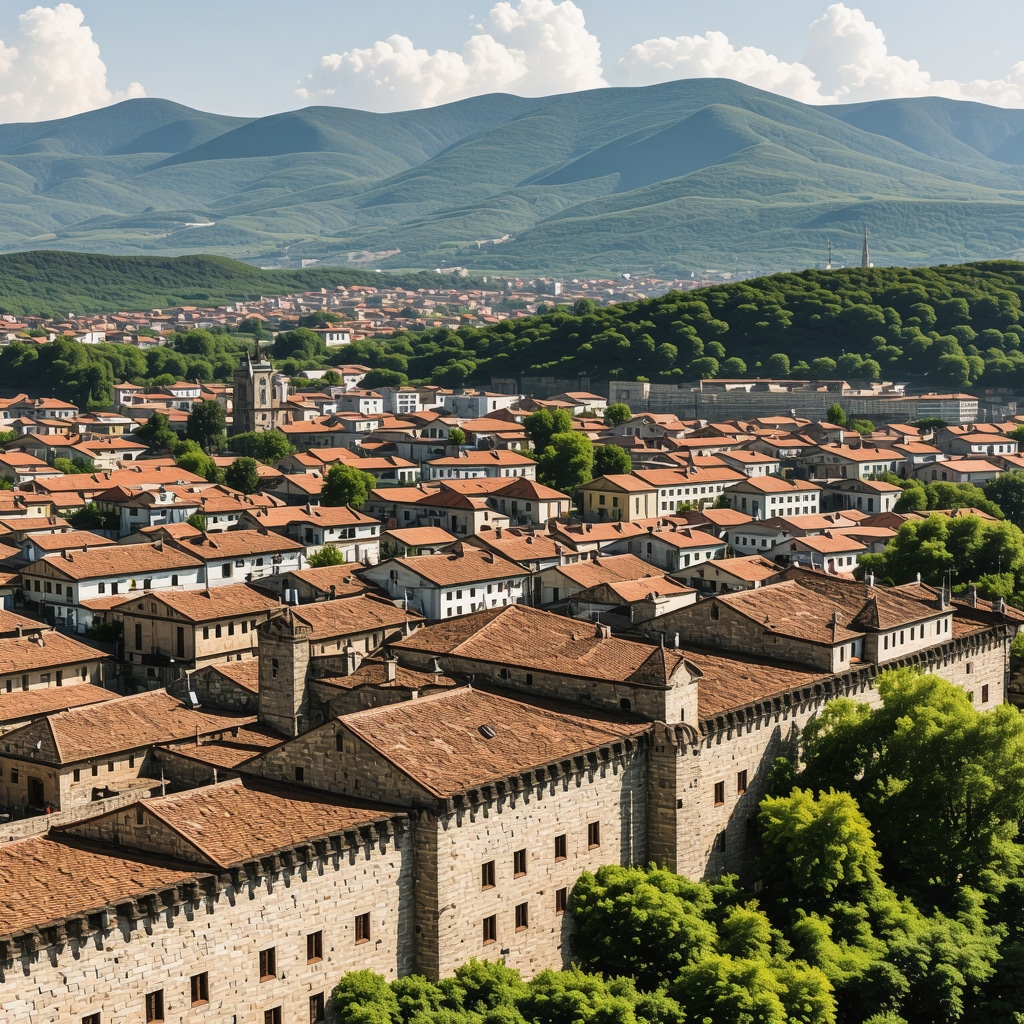 Panoramic view of Prizren city showing historic buildings and surrounding mountains with digital smart tourism elements overlay