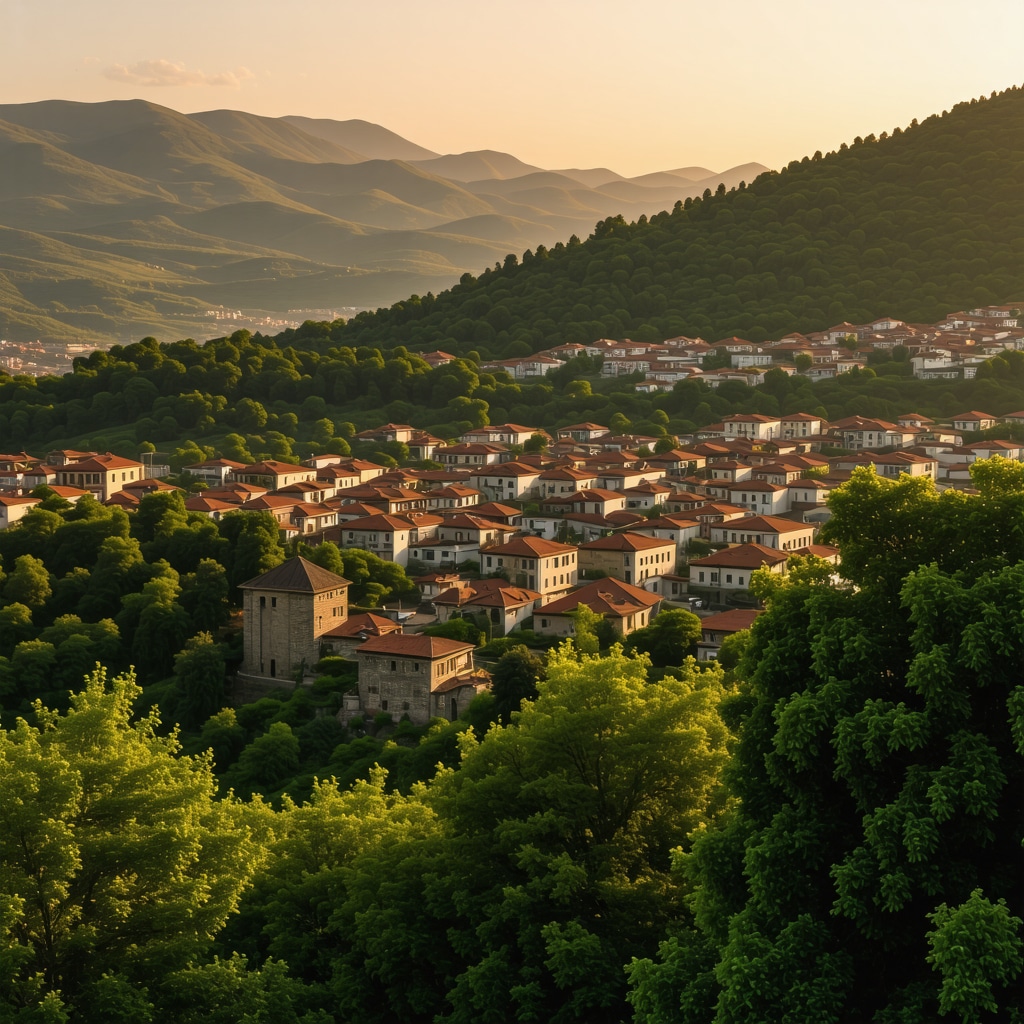 Panoramic view of Prizren showing historic buildings and green hills in warm sunlight