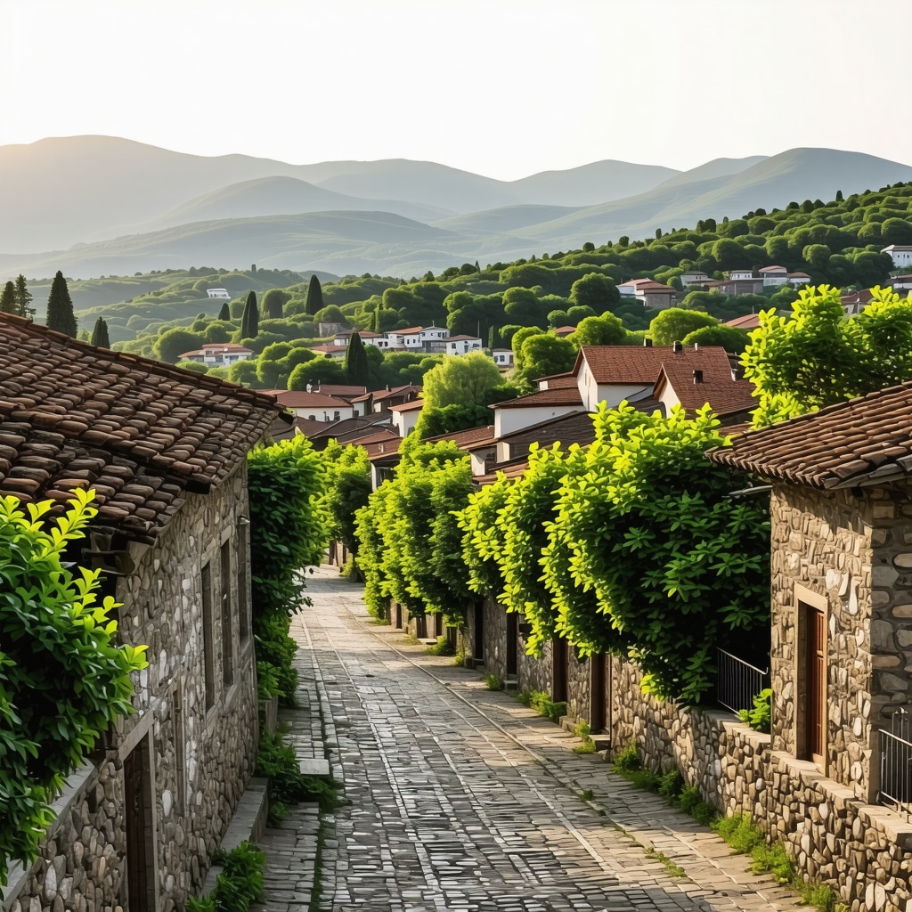 Panoramic view of Prizren's historic stone streets and surrounding nature at sunset
