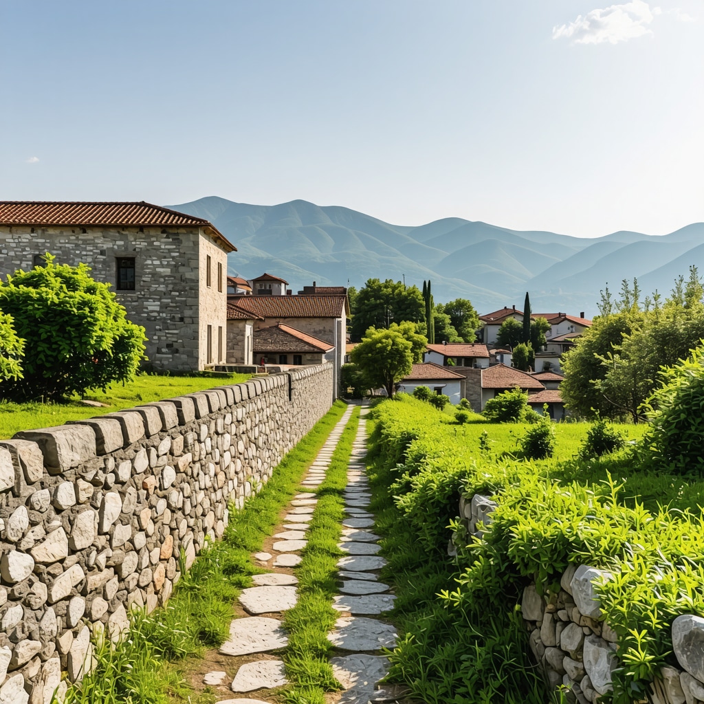 View of Prizren's stone streets leading into green nature paths with mountains in background