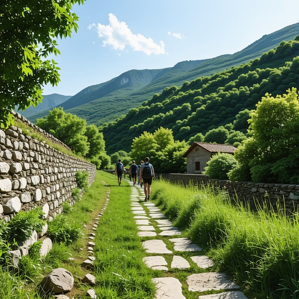 Hikers walking on historic stone paths surrounded by lush green nature in Prizren
