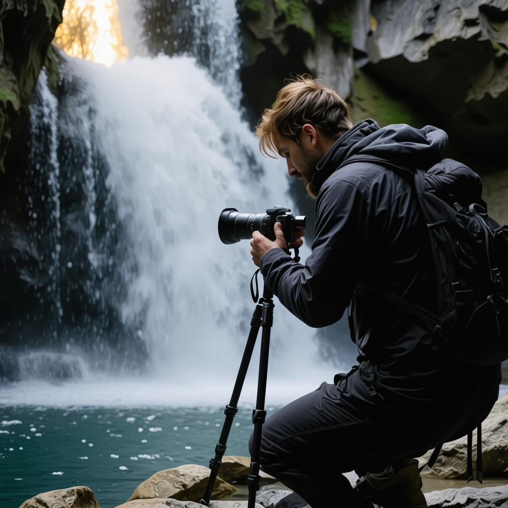 Plitvička Gölleri'nde tripod ve polarize filtre ile su ve yeşilliklerin önünde fotoğrafçı