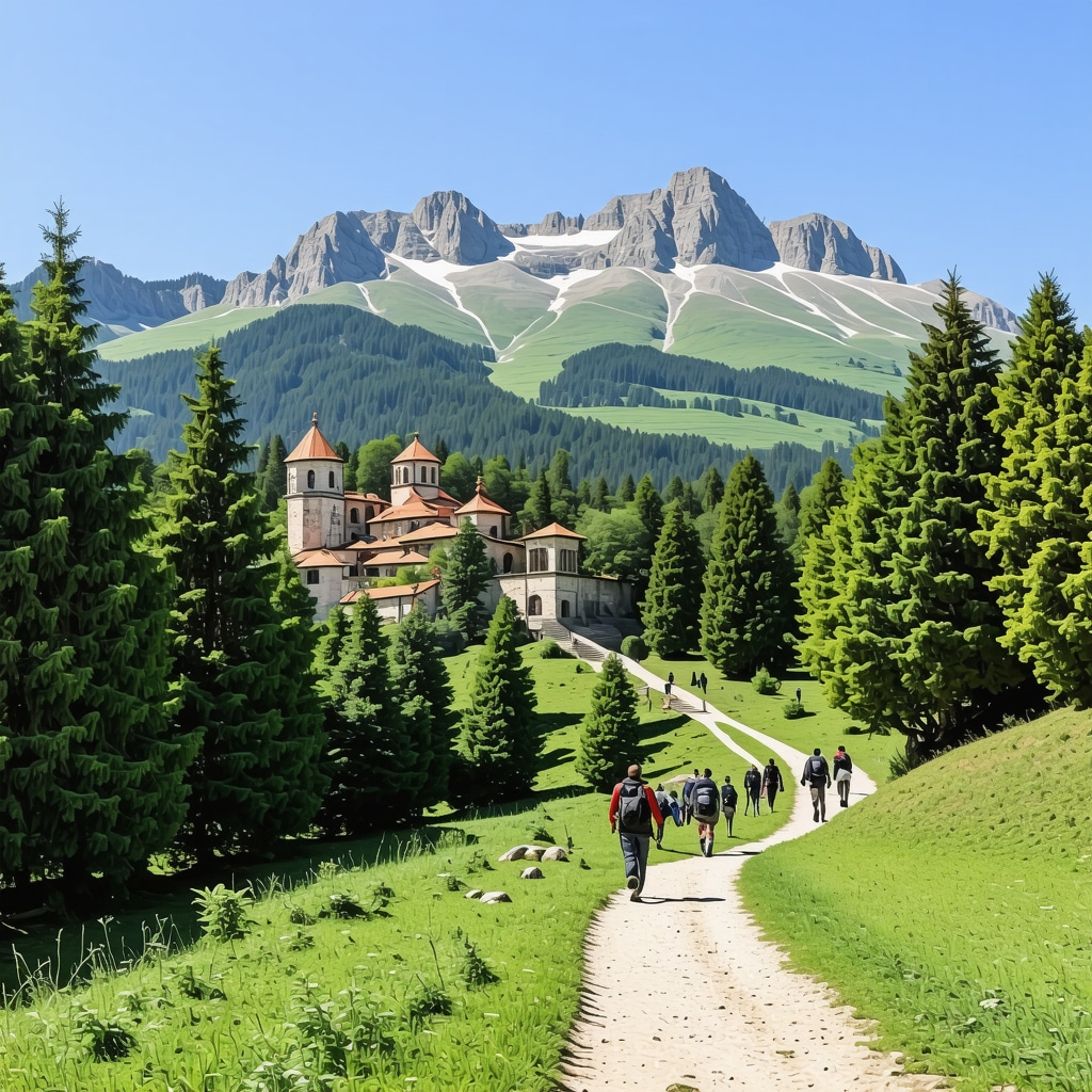 Scenic panoramic view of Rila Monastery with surrounding forest trails and mountain peaks