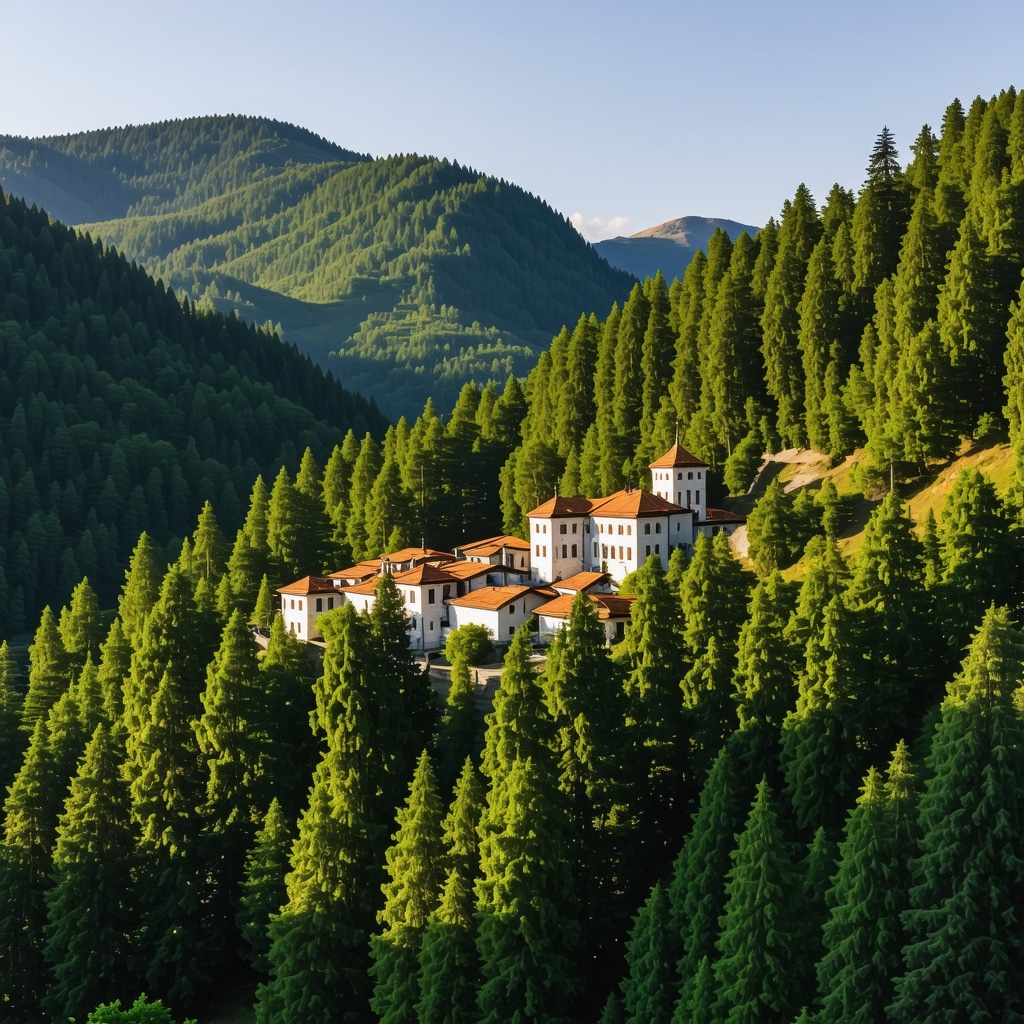 Rila Monastery surrounded by green forest and mountains at sunrise