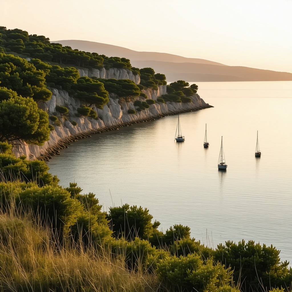 Panoramic view of Rovinj coastline at sunset showing sailboats, vibrant sky colors, and nature trails emphasizing sustainability and advanced photography