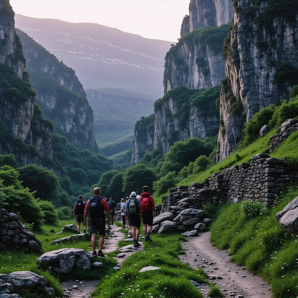 Panoramic view of Rugova Canyon featuring hikers exploring natural trails with ancient ruins in the background at sunset