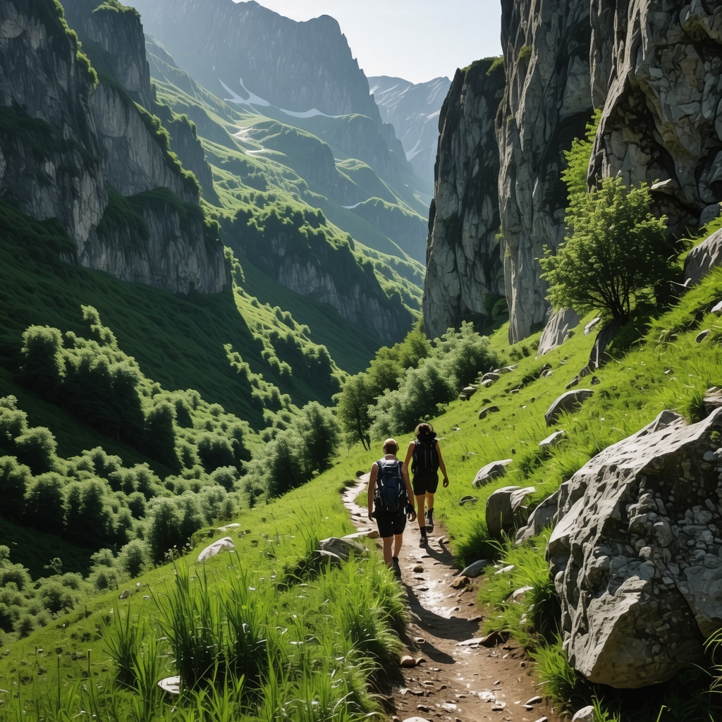 Hikers trekking along a rugged trail in Rugova Canyon with lush greenery and steep cliffs during golden hour
